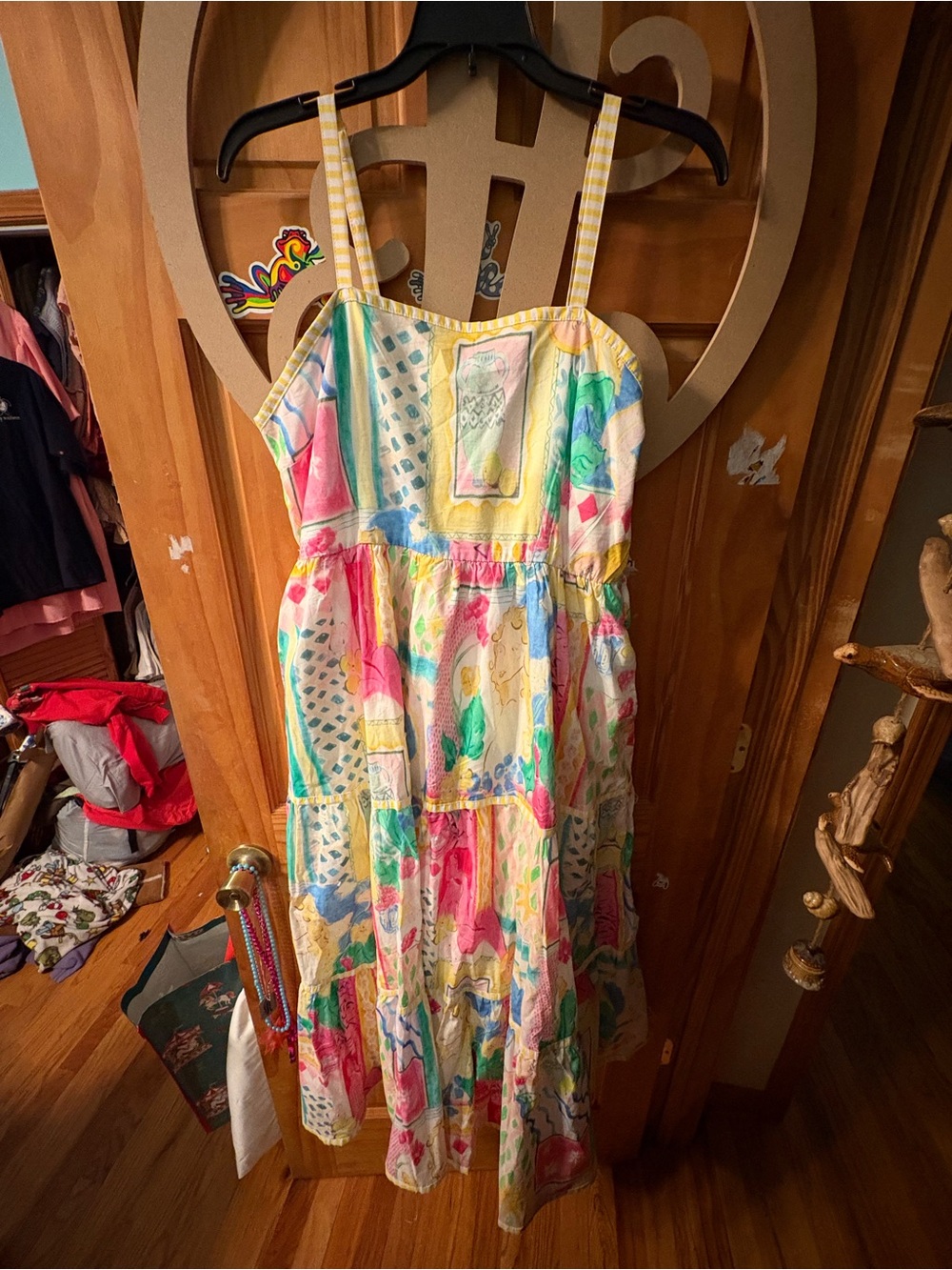 Chic Soul Multicolor Watercolor Maxi Dress with Yellow Gingham Straps